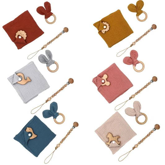 100%  muslin bib, bunny teether wooden ring & newborn pacifier chain baby teether set