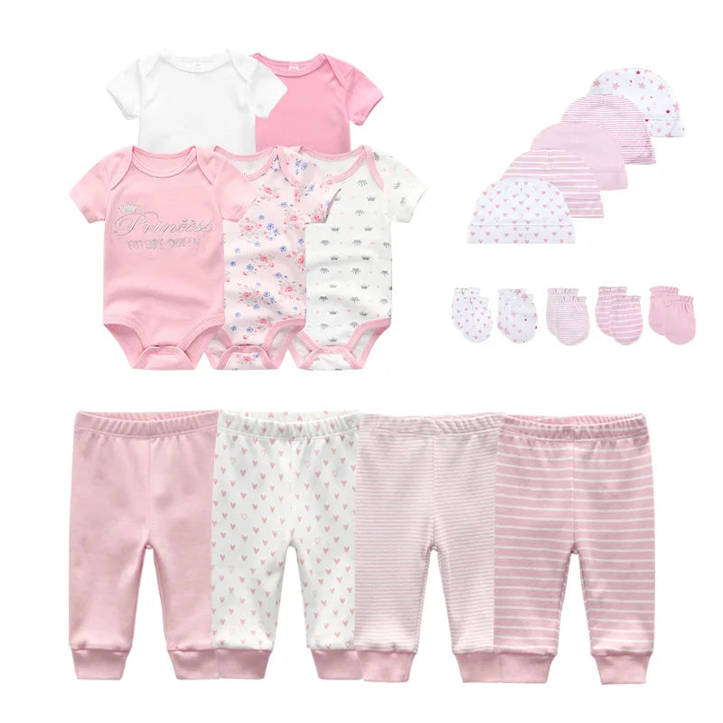 Unisex 2023 Solid Color New Born Baby Girl Clothes Set Bodysuits+Pants+Hats+Bibs/Mittens Cotton Baby Boy Clothes Bebes