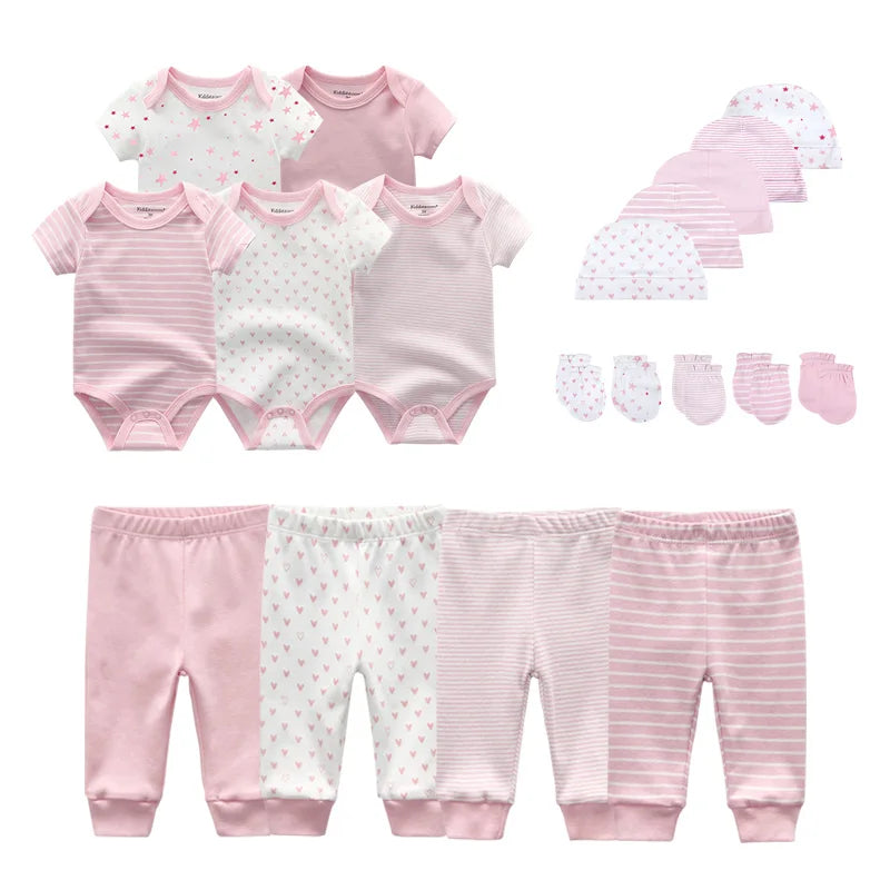 Unisex 2023 Solid Color New Born Baby Girl Clothes Set Bodysuits+Pants+Hats+Bibs/Mittens Cotton Baby Boy Clothes Bebes