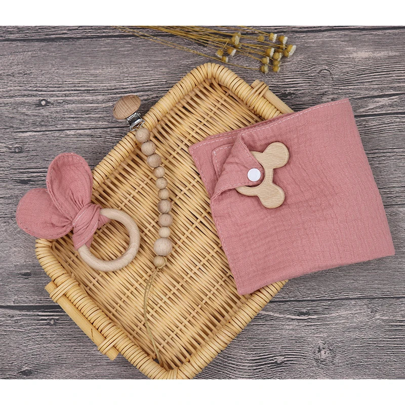 100%  muslin bib, bunny teether wooden ring & newborn pacifier chain baby teether set