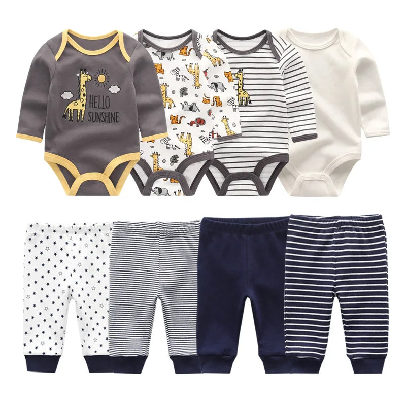 8Pieces Cotton Baby Girl Clothes Bodysuits+Pants Sets New Born Baby Boy Clothes Autumn Winter Long Sleeve Cartoon Print Bebes