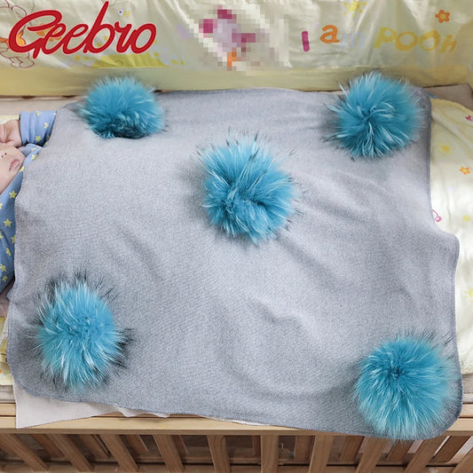 Geebro Lovely Newborn Kids Baby Warm Cotton Swaddling Blanket Sleeping Blanket with Real Fur Pompom Bedding Infant Travel Wrap