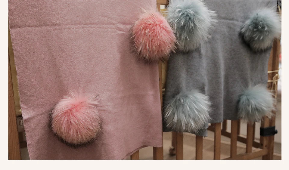 Geebro Newborn Warm Wool Swaddling Blanket With 15cm Real Raccoon Fur Pompom Kids Baby Travel Sleeping Blanket Bedding