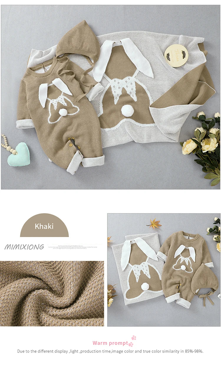 Baby Clothing Set 100%Cotton Knitted Newborn Girls Boy Jumpsuit Outfits 3D Rabbits Pom Pom Toddler Infant Romper + Blanket Plaid