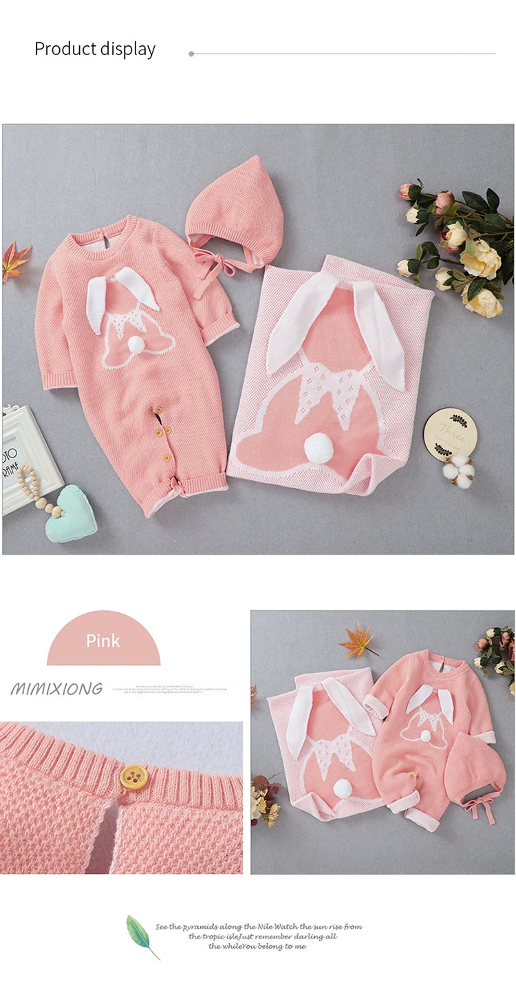 Baby Clothing Set 100%Cotton Knitted Newborn Girls Boy Jumpsuit Outfits 3D Rabbits Pom Pom Toddler Infant Romper + Blanket Plaid