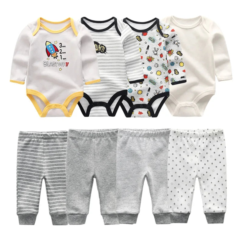 8Pieces Cotton Baby Girl Clothes Bodysuits+Pants Sets New Born Baby Boy Clothes Autumn Winter Long Sleeve Cartoon Print Bebes