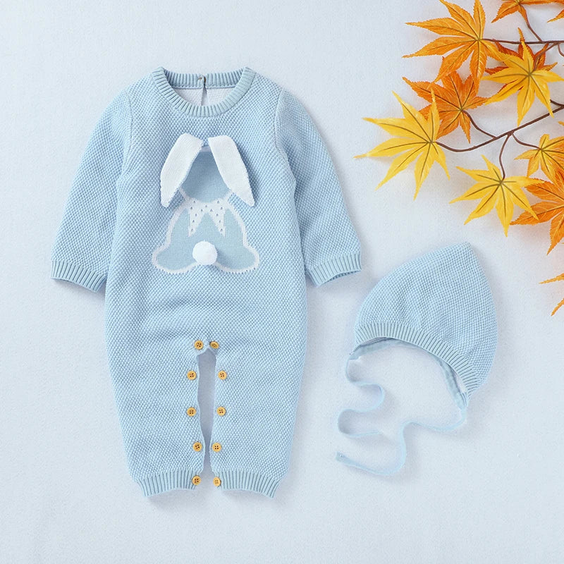 Baby Clothing Set 100%Cotton Knitted Newborn Girls Boy Jumpsuit Outfits 3D Rabbits Pom Pom Toddler Infant Romper + Blanket Plaid