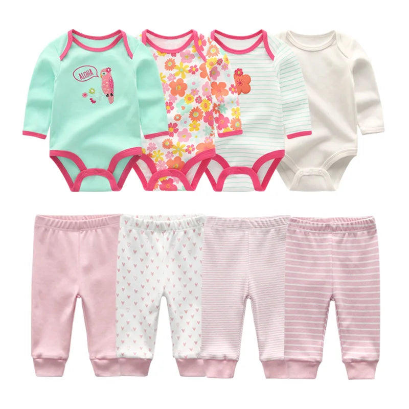 8Pieces Cotton Baby Girl Clothes Bodysuits+Pants Sets New Born Baby Boy Clothes Autumn Winter Long Sleeve Cartoon Print Bebes