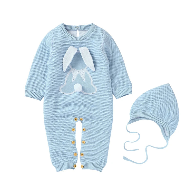 Baby Clothing Set 100%Cotton Knitted Newborn Girls Boy Jumpsuit Outfits 3D Rabbits Pom Pom Toddler Infant Romper + Blanket Plaid