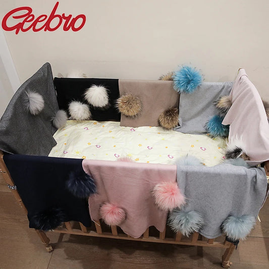 Geebro Newborn Warm Wool Swaddling Blanket With 15cm Real Raccoon Fur Pompom Kids Baby Travel Sleeping Blanket Bedding