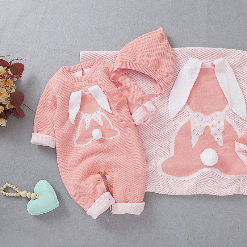 Baby Clothing Set 100%Cotton Knitted Newborn Girls Boy Jumpsuit Outfits 3D Rabbits Pom Pom Toddler Infant Romper + Blanket Plaid