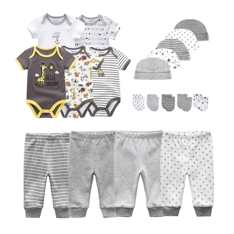 Unisex 2023 Solid Color New Born Baby Girl Clothes Set Bodysuits+Pants+Hats+Bibs/Mittens Cotton Baby Boy Clothes Bebes