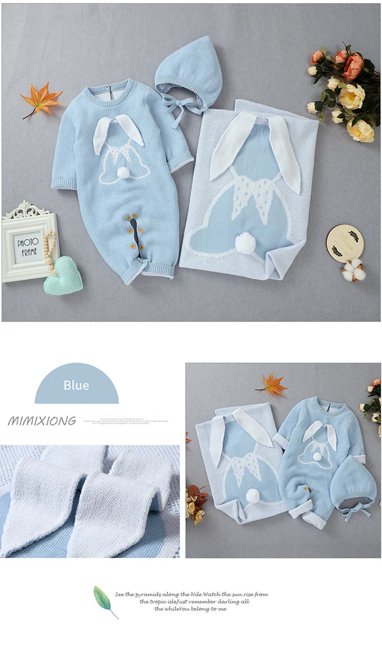 Baby Clothing Set 100%Cotton Knitted Newborn Girls Boy Jumpsuit Outfits 3D Rabbits Pom Pom Toddler Infant Romper + Blanket Plaid