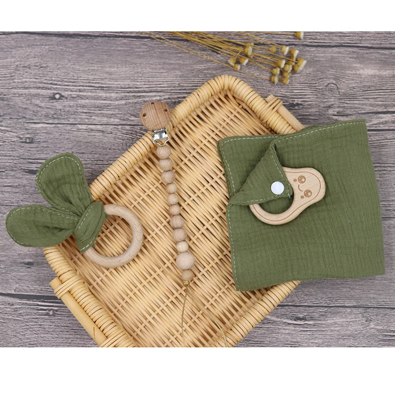 100%  muslin bib, bunny teether wooden ring & newborn pacifier chain baby teether set