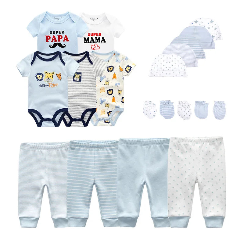 Unisex 2023 Solid Color New Born Baby Girl Clothes Set Bodysuits+Pants+Hats+Bibs/Mittens Cotton Baby Boy Clothes Bebes