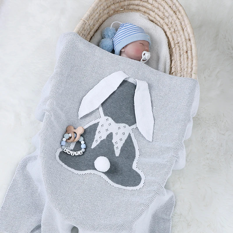 Baby Blankets 100%Cotton Plaid Knitted Newborn Girl Boy Stroller Wrap Swaddle Cute 3D Rabbits Pom Pom Infant Bedding Crib Quilts