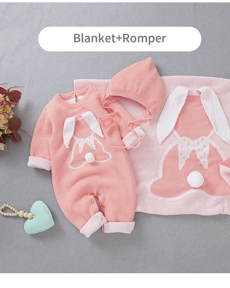 Baby Clothing Set 100%Cotton Knitted Newborn Girls Boy Jumpsuit Outfits 3D Rabbits Pom Pom Toddler Infant Romper + Blanket Plaid