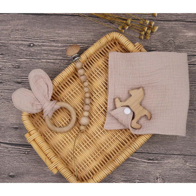 100%  muslin bib, bunny teether wooden ring & newborn pacifier chain baby teether set