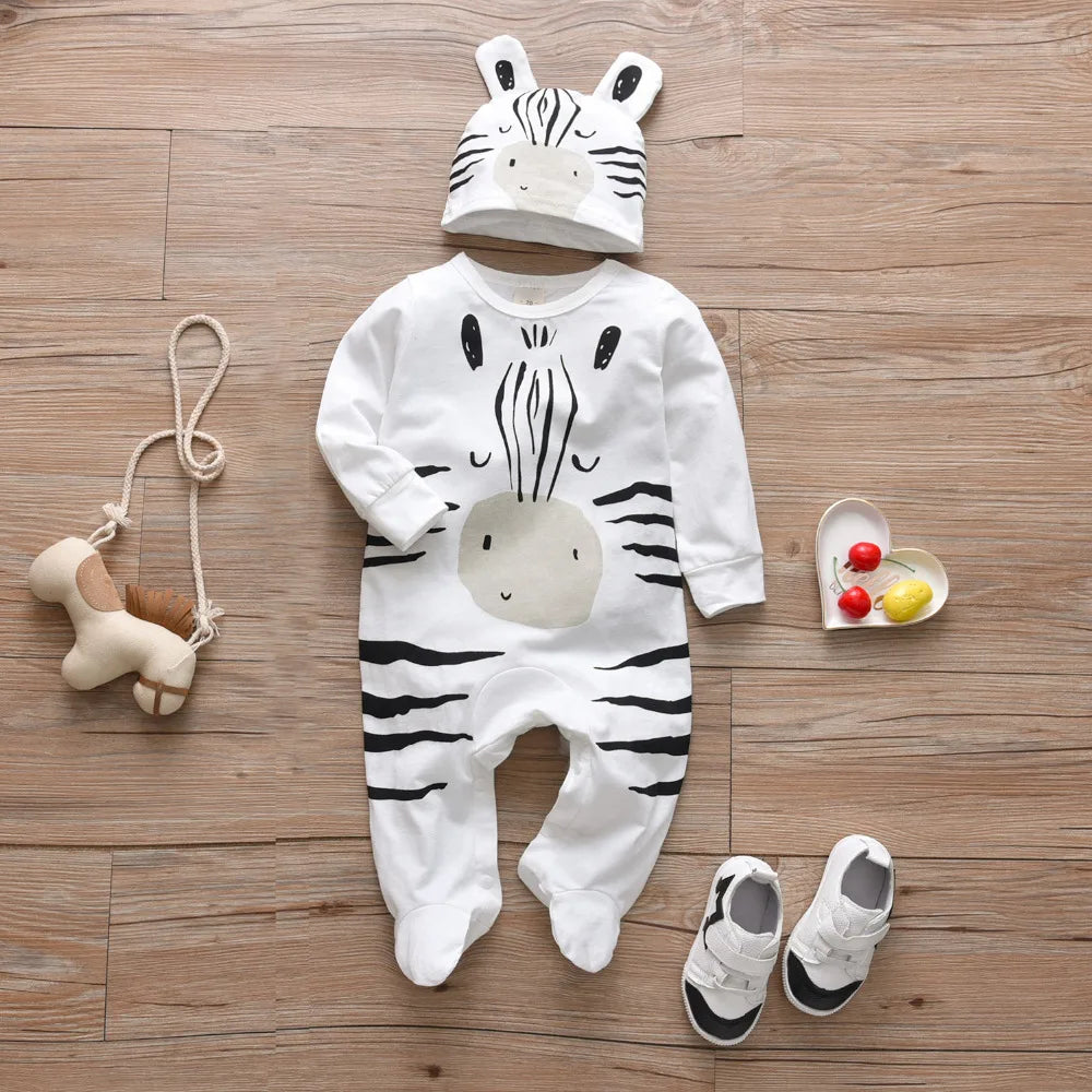 Newborn Infant Baby Boys Romper Clothes Cotton Cute Cartoon Print Long Sleeve Jumpsuit+Hat 2 Pcs Toddler Baby Clothes Outfits