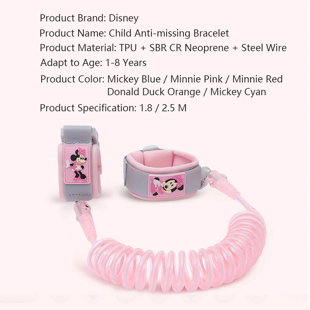 Disney Brand Baby Anti-lost Bracelet With Lock Anti-missing Harness Strap Rope Lock-proof Belt For Kids Toddlers Children 1.8m