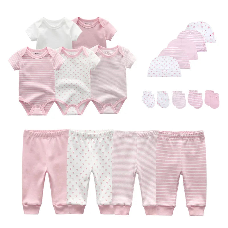 Unisex 2023 Solid Color New Born Baby Girl Clothes Set Bodysuits+Pants+Hats+Bibs/Mittens Cotton Baby Boy Clothes Bebes