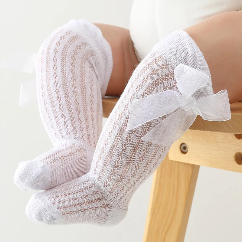 Summer Kids Knee High Socks Baby Girls Boys Bow Long Sock Cotton Mesh Breathable Children Hollow Out Socken For Kids 0-7 Years