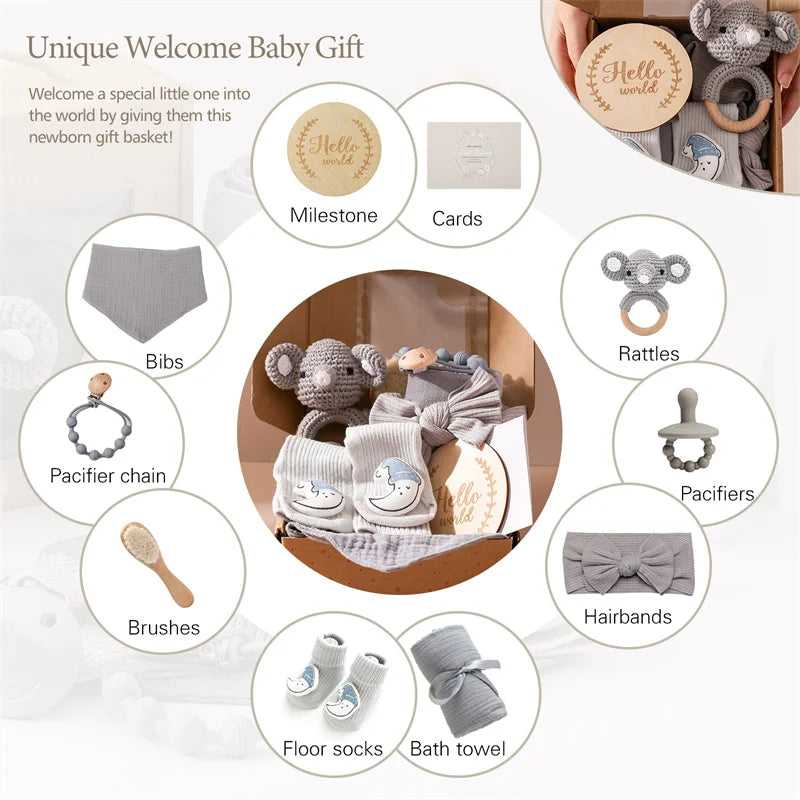 Baby Bath Set Blanket Wooden Brush Newborn Milestones Monthly Cards Bath Toys for Babies Infant Photograph Props Birth Gifts Box