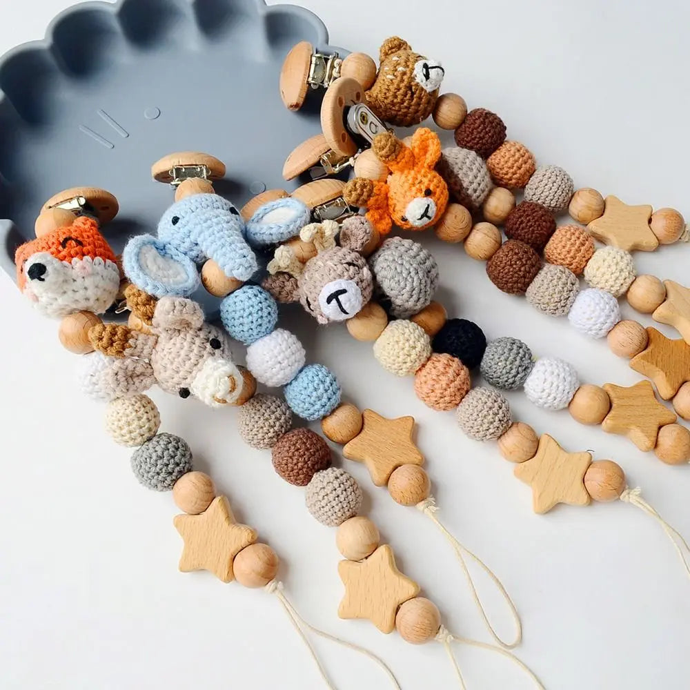 Cartoon Animal Baby Pacifier Clips With Storage Bag Infants Anti-drop Pacifier Holder Soother Chains Beech Wood Dummy Holder