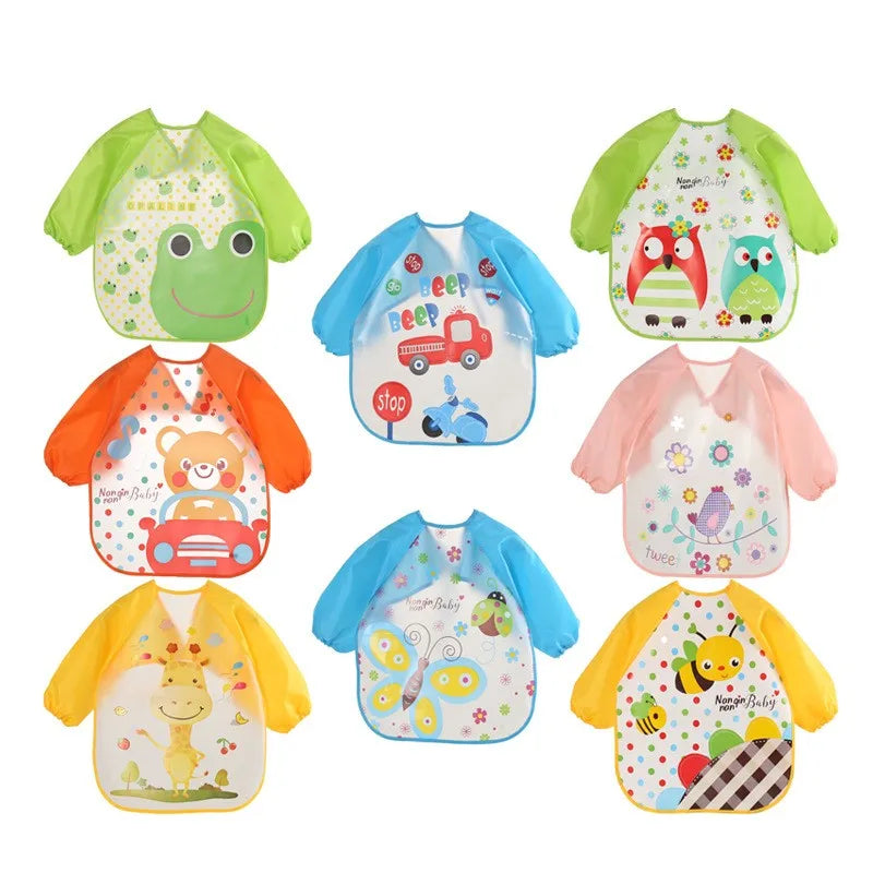 Baby Bibs Unisex Boys Girls Cartoon Pattern Burp Cloths Long Sleeve Water Proof Bibs Feeding Apron Art Painting Graffiti Smock