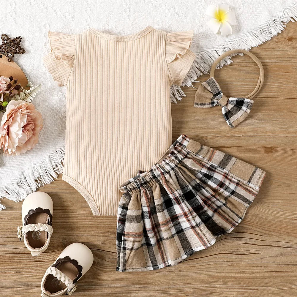 0-18 Months Summer New Baby Girl Bear Print Lace Sleeves Plaid Short Skirt Set Plus Hairband Three-piece Set