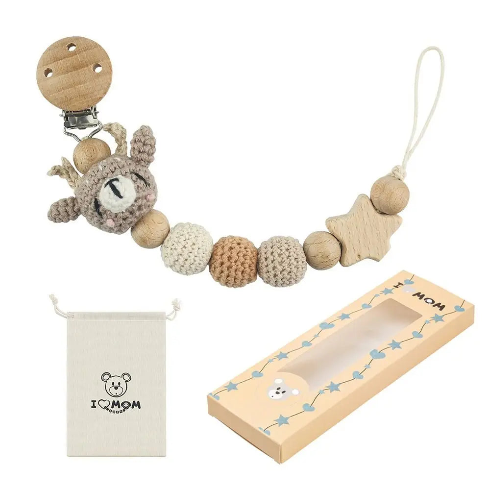 Cartoon Animal Baby Pacifier Clips With Storage Bag Infants Anti-drop Pacifier Holder Soother Chains Beech Wood Dummy Holder