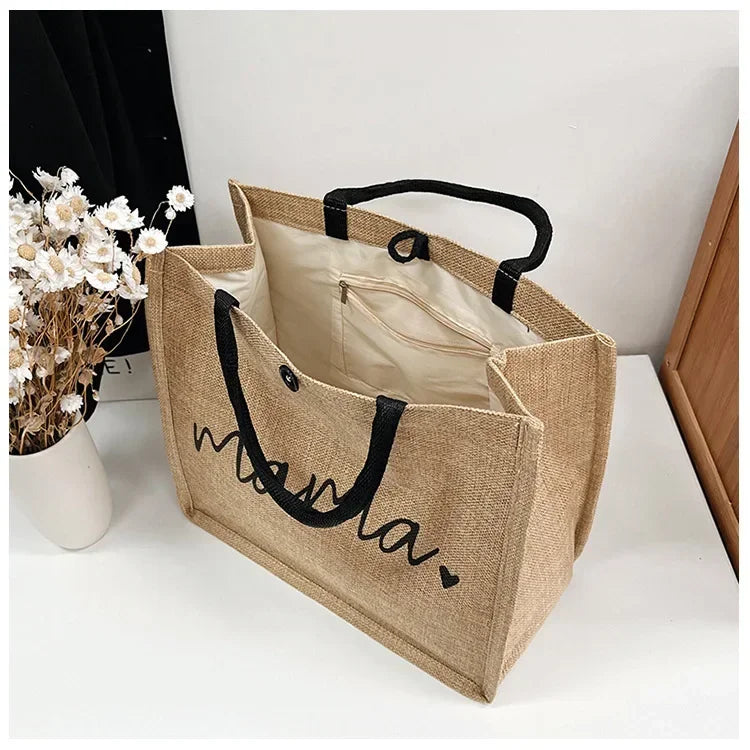 Women Tote Bag Fashion Mama Letter Printing Linen Handbag Large Capacity Baby Diaper Bag Casual Shopping Shoulder Bag Mom Gifts