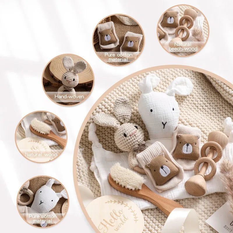 Baby Wooden Crochet Rattle Brushs Bracelet Towel Double Sided Cotton Blanket Newborn Bath Set Gifts Box For Baby Shower Gift