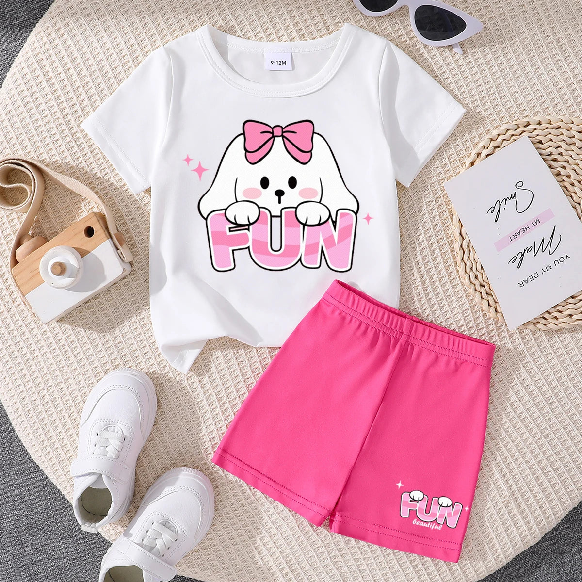 2PCS Summer Set Cute Cartoon Letter Pattern Top Girls Infants Short sleeved Round Neck T-Shirt Casual Shorts Full Moon Baby