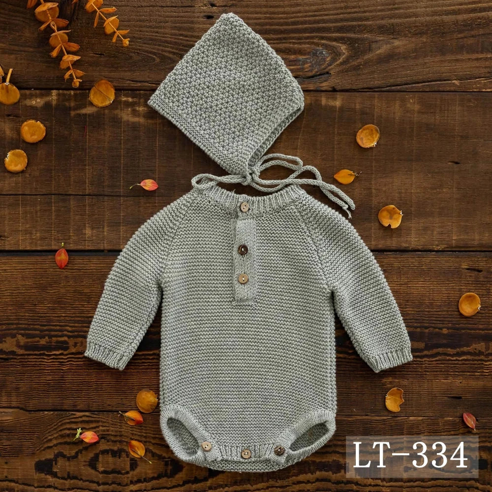 Newborn Photography Clothing Knitted Baby Costume Infant Hat Long Sleeve Romper 2Pcs/Set Studio Baby Photo Props Accessories