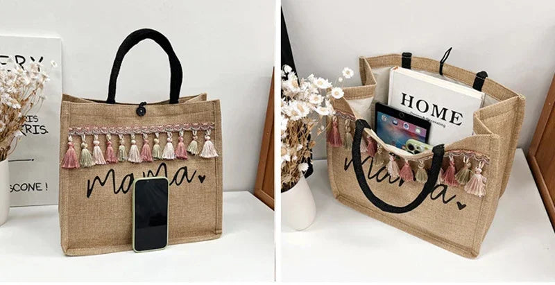 Women Tote Bag Fashion Mama Letter Printing Linen Handbag Large Capacity Baby Diaper Bag Casual Shopping Shoulder Bag Mom Gifts