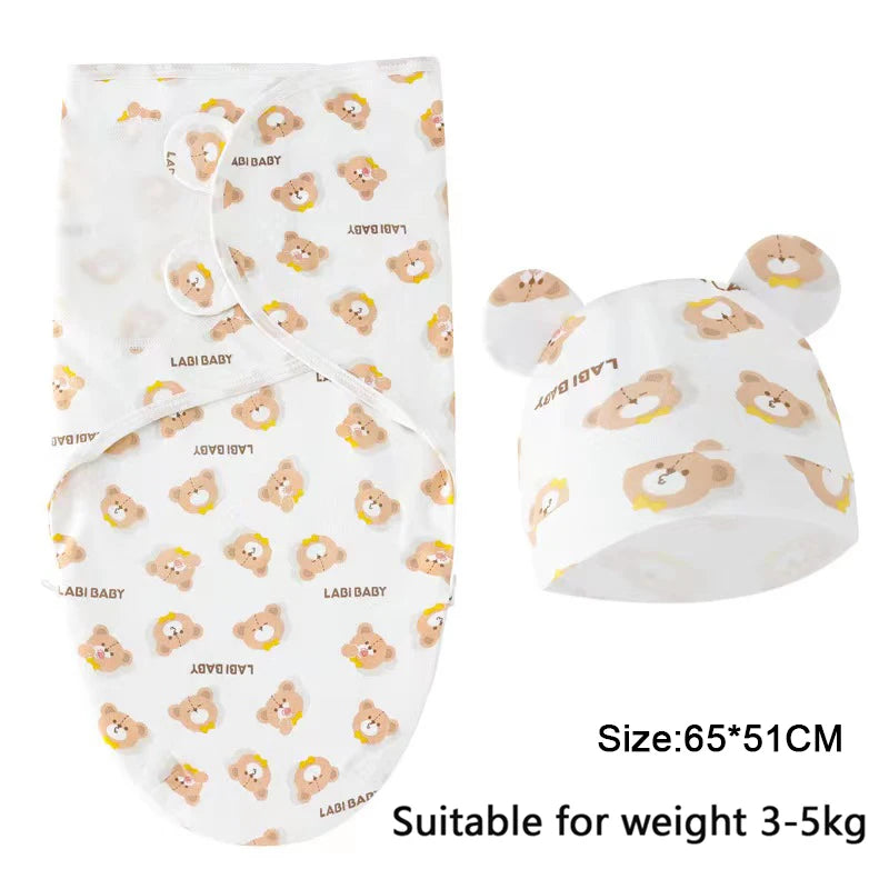 Baby Blanket Hat Set Cartoon Printed Cotton Newborn Swaddle Adjustable Infant Sleeping Swaddle Wraps All Seasons 0-6 Months