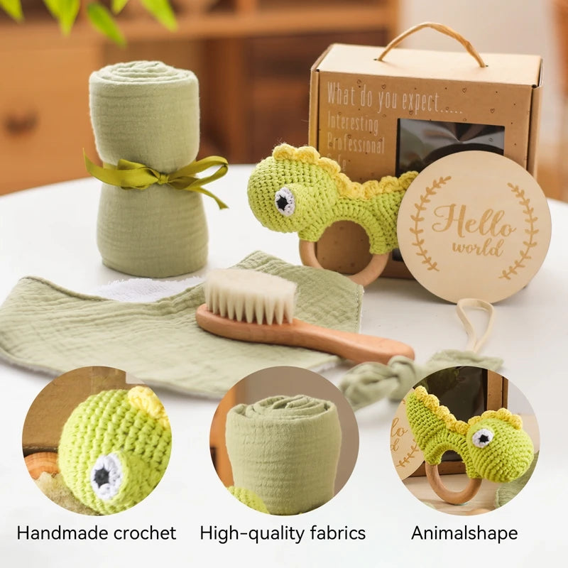 1Set Baby Christmas Gift Bath Toy Crochet Animal Dinosaur Rattles Toy Milestones Card Toddler Stuff Towel Cotton Blanket Brush