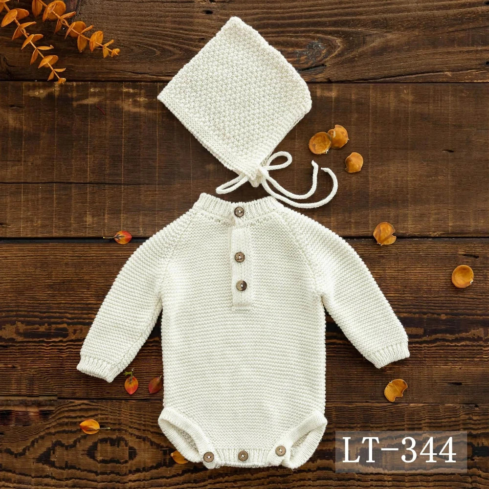 Newborn Photography Clothing Knitted Baby Costume Infant Hat Long Sleeve Romper 2Pcs/Set Studio Baby Photo Props Accessories