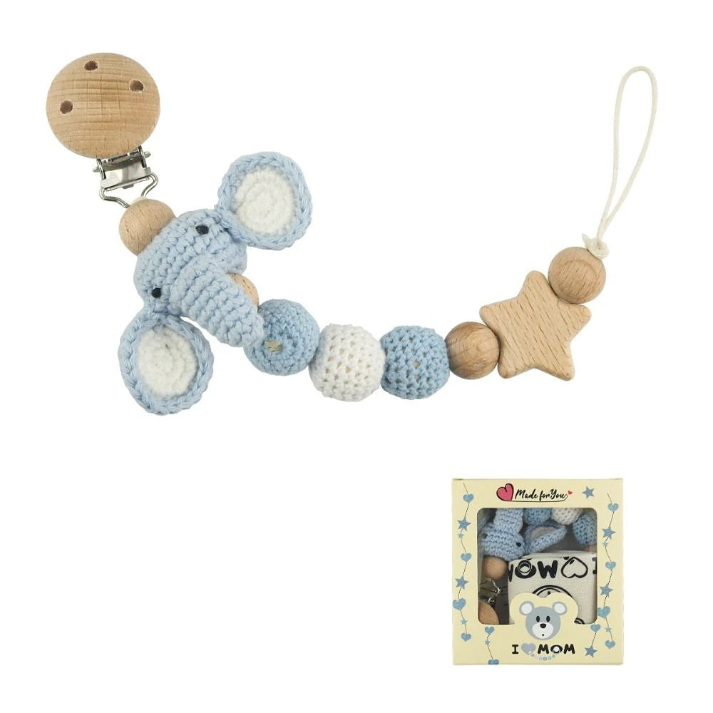 Wood Soother Holder Children Baby Teether Toys Straps Pacifier Holder Clips Baby Pacifier Chain Crochet Animal Pacifier Clips