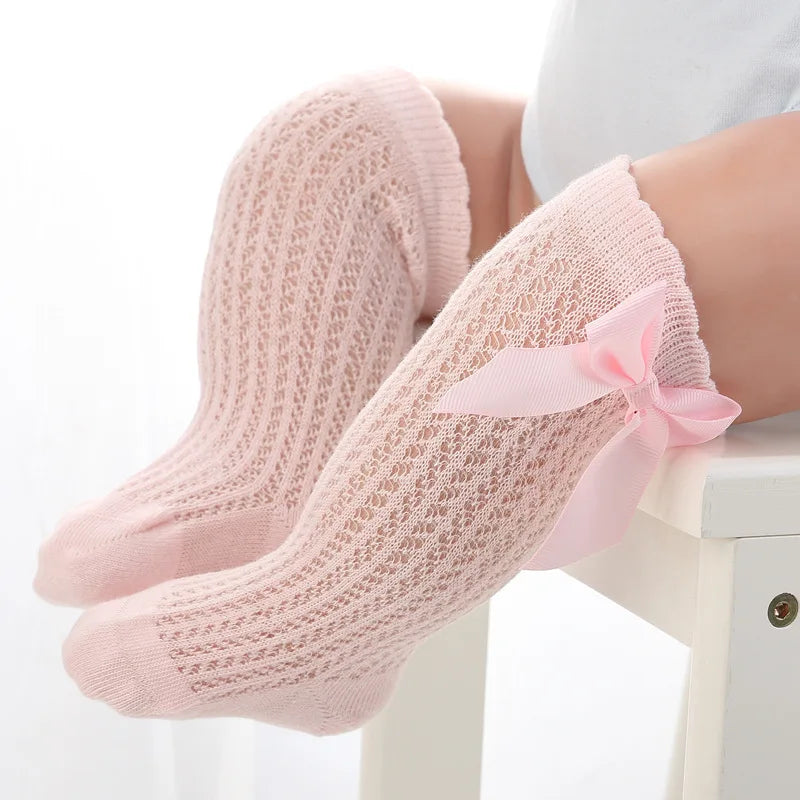 Summer Kids Knee High Socks Baby Girls Boys Bow Long Sock Cotton Mesh Breathable Children Hollow Out Socken For Kids 0-7 Years