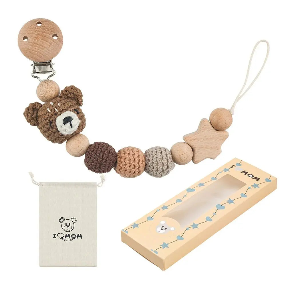 Cartoon Animal Baby Pacifier Clips With Storage Bag Infants Anti-drop Pacifier Holder Soother Chains Beech Wood Dummy Holder