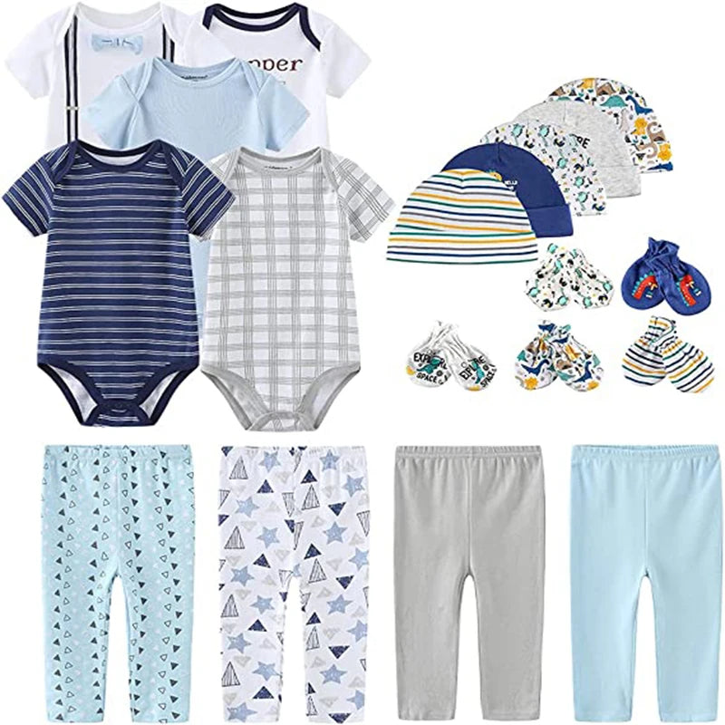 Unisex 2023 Solid Color New Born Baby Girl Clothes Set Bodysuits+Pants+Hats+Bibs/Mittens Cotton Baby Boy Clothes Bebes