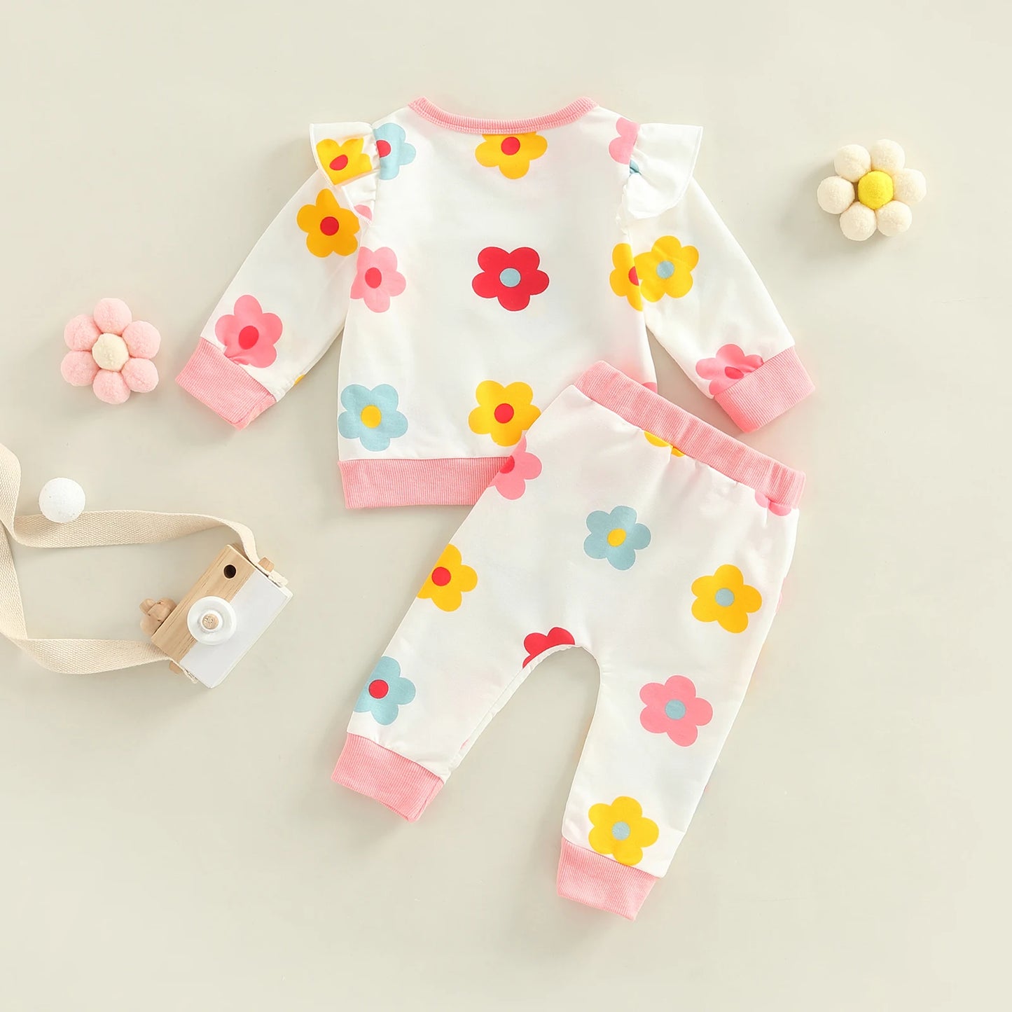 2-Piece Infant Baby Girl Outfits, Flower Print Ruffle Long Sleeve T-Shirt + Casual Pants Set for Toddlers, 0-24 Months