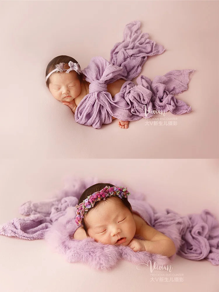 Newborn Photography Props Baby Swaddle Blanket Soft High Stretchable Wraps Cute Knitted Pom Poms Hat Headflower Baby Photo Props