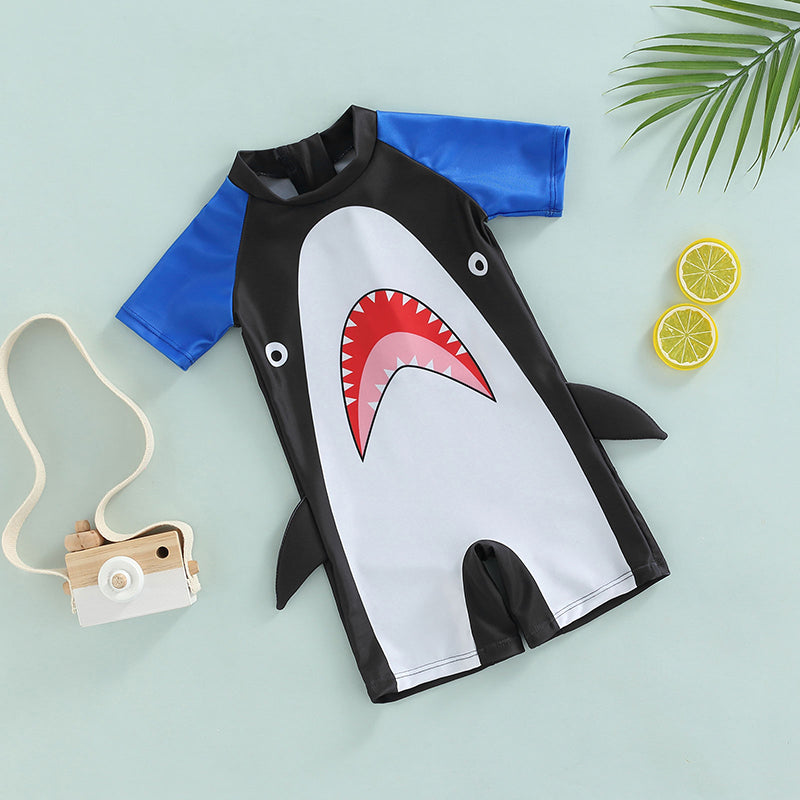 Yiicovy 1-4 Years Toddler Baby Boys Cartoon Shark Swimwear Blue Patchwork Short Sleeve Beachwear Bathing Suit for Boys Kids 2023