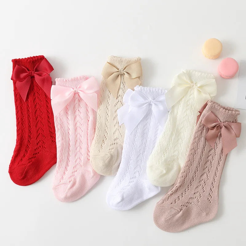 Summer Kids Knee High Socks Baby Girls Boys Bow Long Sock Cotton Mesh Breathable Children Hollow Out Socken For Kids 0-7 Years