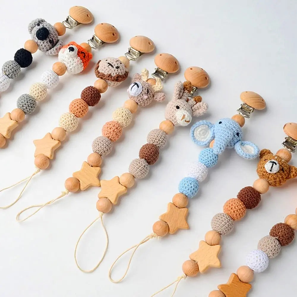 Cartoon Animal Baby Pacifier Clips With Storage Bag Infants Anti-drop Pacifier Holder Soother Chains Beech Wood Dummy Holder