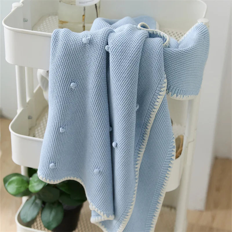 Soft 100% Shell Edge Luxury Pom Throw Dot Knitted Baby Blanket Kids Car and Plane Blankets