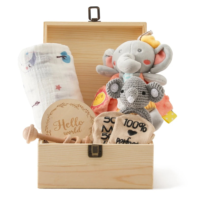 Baby Gift Set Newborn Infant Baby Towel Newborn Bath Toy  Baby Drool Towel  Wood Rattle  Growth Milestone Baby Socks Baby Gift